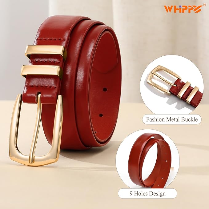 WHIPPY Women's Leather Belts for Jeans Pants Fashion Ladies Belt Gold Buckle Belts for Women
