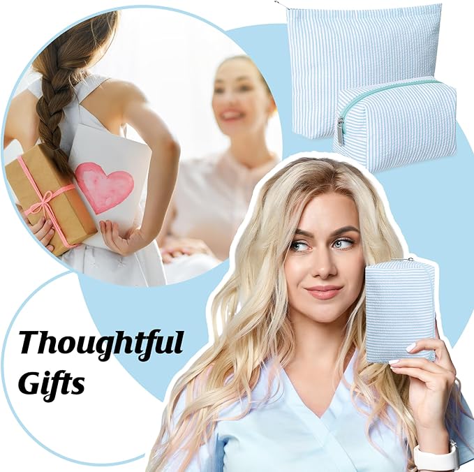 2 Pieces Makeup Bag Set Cute Cosmetic Pouch for Women Seersucker Travel Toiletry Bag Preppy Small Makeup Purse Pouch Aesthetic Skincare Brushes Storage Organizer for Christmas Women(Light Blue)
