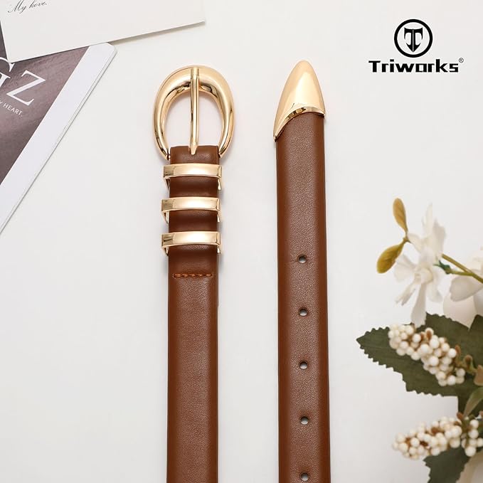 TRIWORKS Women Leather Belt for Jeans Pants Fashion Ladies Skinny Faux Leather Dress belt with Gold Buckle