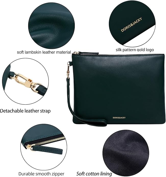 DORIS&JACKY Lambskin Leather Wristlet Clutch Purse for Women Soft Designer Slim Cell Phone Pouch Bag with Detachable Strap