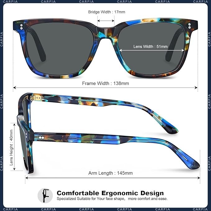 CARFIA Polarized Sunglasses for Women: Acetate, Small/Medium Size, UV400 Anti Glare CA5354