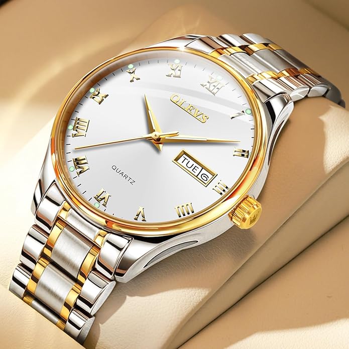 OLEVS Classic Men Watches with Date,Stainless Steel Man Watch with Date, Bussiness Watches for Men,Luminous Quartz Mens Watches Black/White/Blue/Gold, Waterproof Male Watch with Week