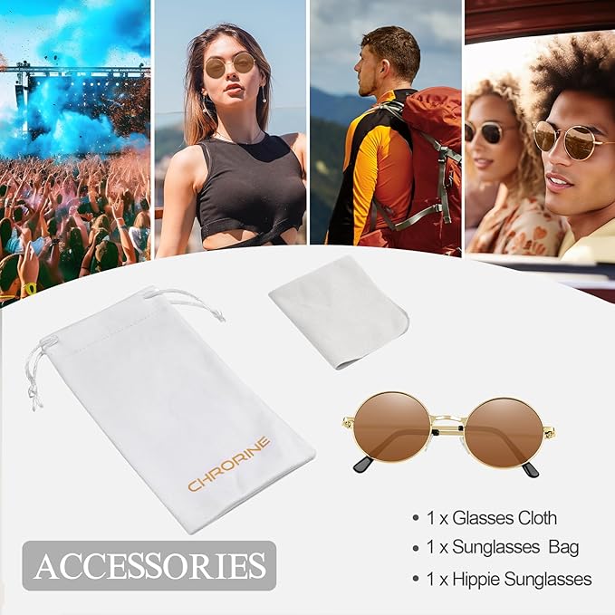 CHRORINE Hippie Sunglasses Round 70s Retro Glasses for Women Men Party Accessory Festival Fashion Vintage Sunglasses