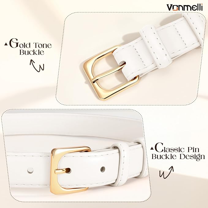 VONMELLI Womens Thin Leather Belt for Jeans Pants Dress Fashion Skinny Belt with Gold Buckle for Women