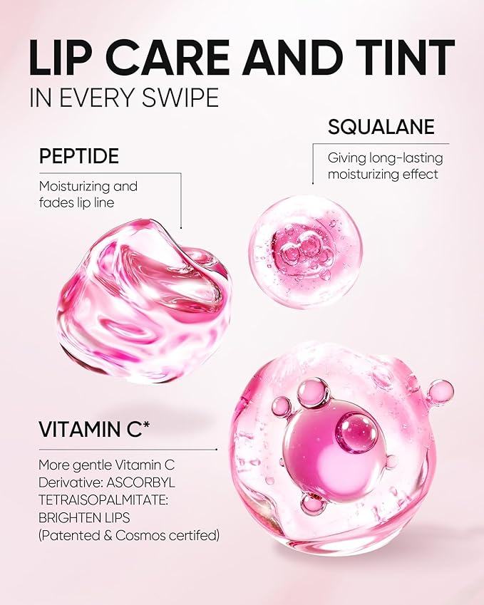 Peptide Brightening Lip Serum, Hydrating & Plumping Tinted Lip Gloss, Moisturizing Lip Balm with Polypeptides & Squalane for Glossy Sheer, Smooth Lips (05 Peach Rose)
