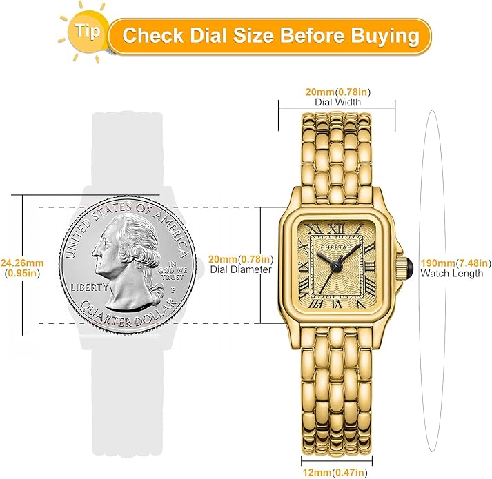 CHEETAH Gold Watches for Women with Small Vintage Bracelet, Rectangular Case Roman Dial