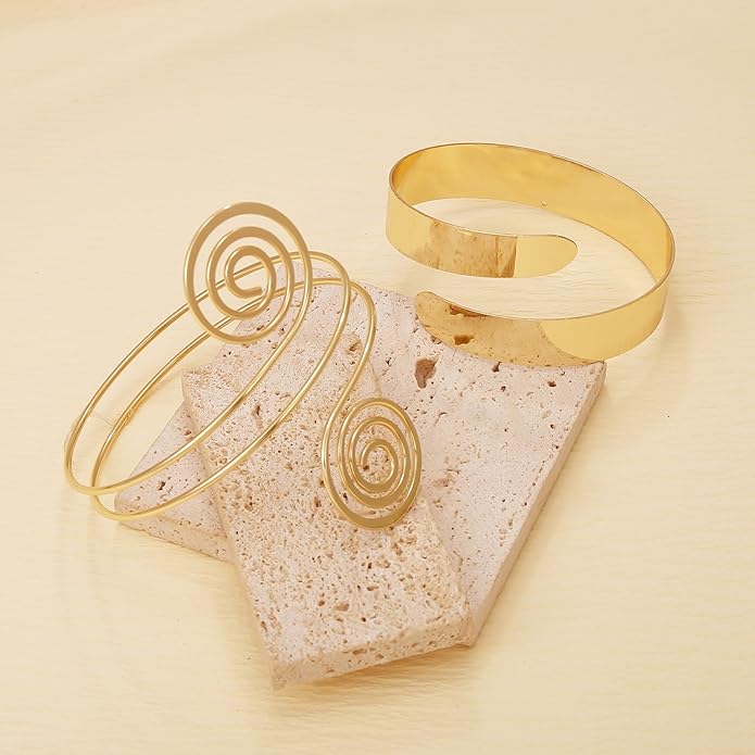 BROCC 2PCS Gold Coil Swirl Upper Arm Bracelet for Women Open Upper Arm Cuff Bangle Armlet Gold Silver Adjustable Armband Bracelet Set