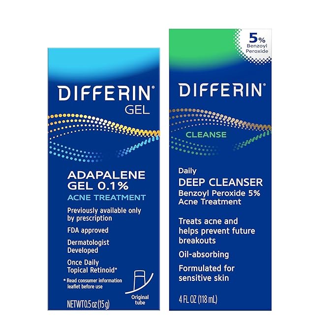 Differin Acne Skin Care Kit, Differin Gel Retinoid Acne Treatment for Face with 0.1% Adapalene & 5% Benzoyl Peroxide Face Wash & Body Wash, Designed for Pimple and Acne Prone Skin (Pack of 10)