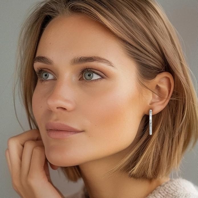 14K White Gold Textured Medium Hoop Earrings Polished Snap Back Secure Rhodium Plated 30mm Round Comfort Lightweight For Women Gift Luxury Italian Jewelry