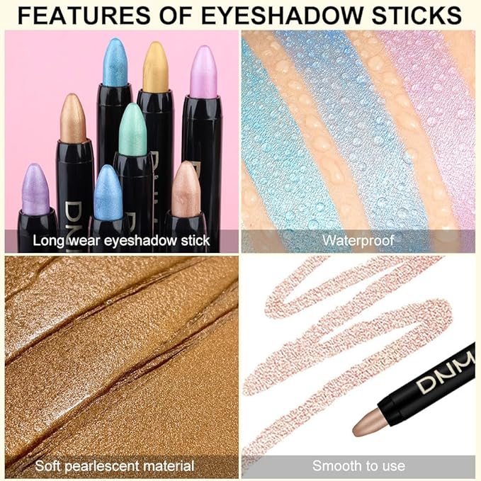 8Pcs Glitter Eye Shadow Sticks Liner Pencils Makeup Set, Desert Mocha Beige Gold Light Purple Pink Sky Dazzling Blue Geen Glitter Shimmer Eyeliner Pencil Cream Eyeshadow Palette Makeup for Older Women
