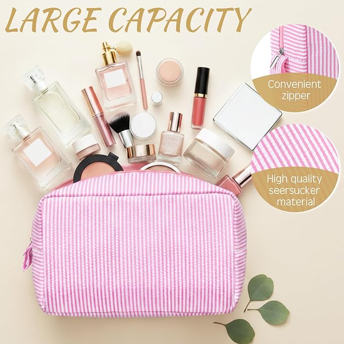 Sanwuta 3 Pcs Seersucker Makeup Bags Seersucker Cosmetic Bags Striped Women Large Travel Toiletry Organizer Preppy Storage Pouch for Embroidery Wedding Bridesmaid Gifts(Light Pink)