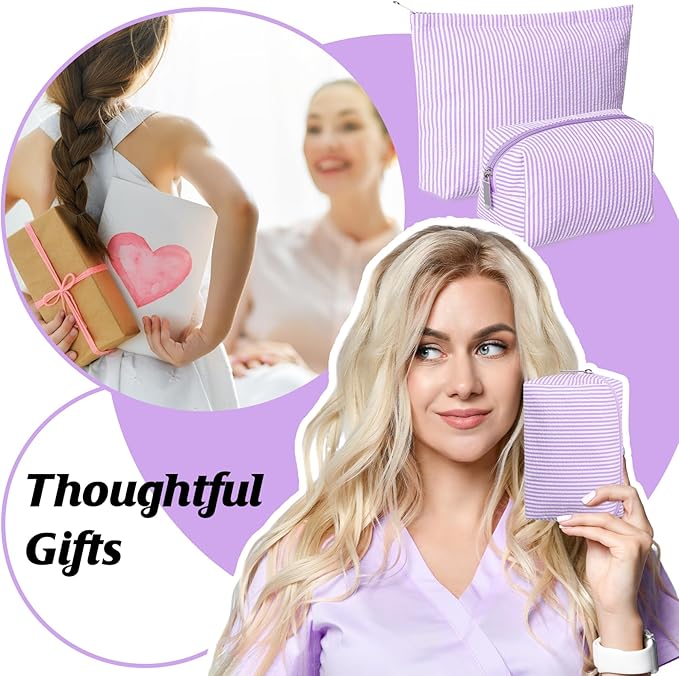 2 Pieces Makeup Bag Set Cute Cosmetic Pouch for Women Seersucker Travel Toiletry Bag Preppy Small Makeup Purse Pouch Aesthetic Skincare Brushes Storage Organizer for Christmas Women(Purple)