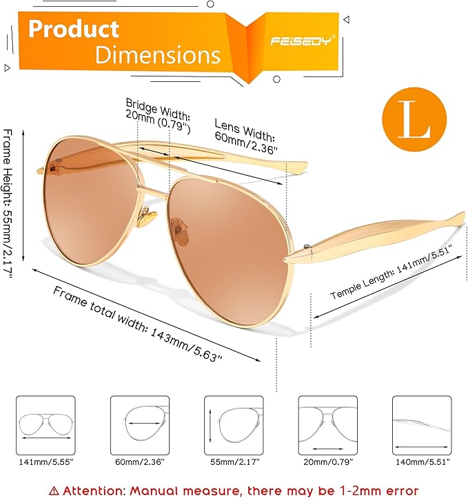 FEISEDY Oversized Aviator Sunglasses Women Men - Retro Gold Metal Chunky Frame, UV400 for Driving & Daily Wear B0311
