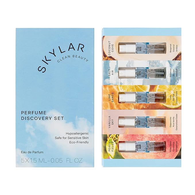 Skylar Eau de Parfum Discovery Spray Sampler Gift Set - Hypoallergenic & Clean Perfume for Women & Men- Peach Fields- Vanilla Sky, Lime Sands, Salt Air, Coconut Cove - 5 1.5mL Spray Bottles
