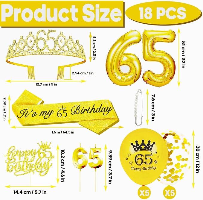65th Birthday Decorations for Her Girls Set, Include 65th Birthday Crown and 65 Sash, 65th Birthday Cake Topper and 65 Birthday Candles, Gold 65 Balloons, Women 65th Party Supplies(Gold)