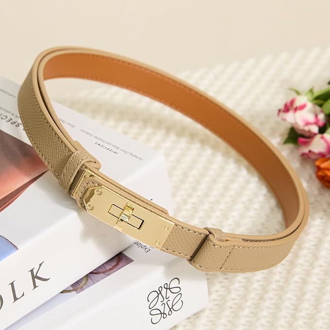 Skinny Leather Belts for Women with Adjustable Silver Turn-Lock Buckle for Dresses Jeans and Pants