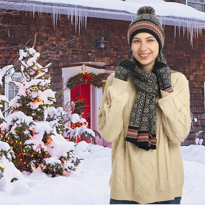 Winter Hat Scarf Gloves Set for Women Womens Knit Warm Hat Beanie Long Scarf Touchscreen Gloves Skull Caps Neck Scarves