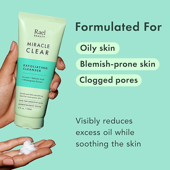 Rael Face Wash, Miracle Clear – Gentle Exfoliating Cleanser with Succinic Acid & Minerals, Korean Skin Care (5 fl oz)