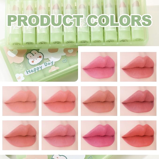 10 Pcs Lip Tint Set Cute Glossy Lip Stains and Matte Lipsticks with Long-lasting and Quick-drying Mini Lip Gloss Lipstick for Makeup Gift (Green Rabbit, Lipstick)