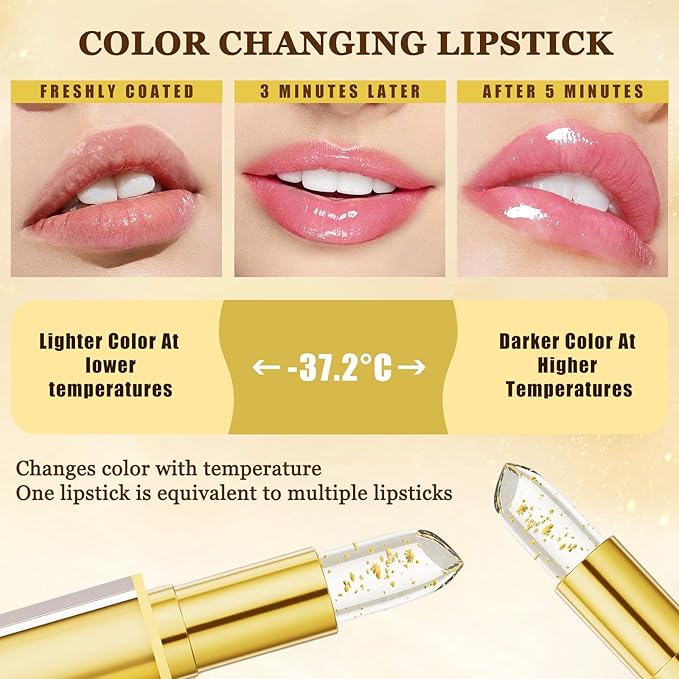 2 Pcs Color Changing Lipstick, Transferproof Gold Crystal Ph Lipstick Color Changing, Clear Lip stick That Changes Color, Nourishing Long Lasting 24 Hours Moisturizing Shine Lip Gloss for Women