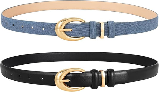 2 Pack Women Leather Belts for Jeans Dress Fashion Ladies Belt with Gold Silver Buckle