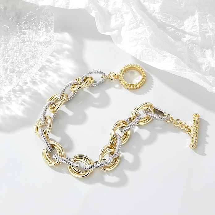 Mytys Link Bracelet for Women Gold and Silver 2 tone Circles Chain Wire Bangle Bracelets