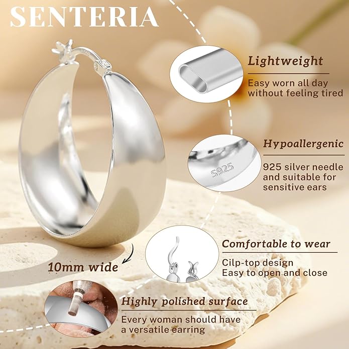 Senteria 12mm Wide Thick Hoop Earrings 925 Sterling Silver Hoop Earrings for Women Hypoallergenic 14K Real Gold Plated Hoops Large Earring Lightweight Chunky Hoops Earring for Women 25/30/40/50MM