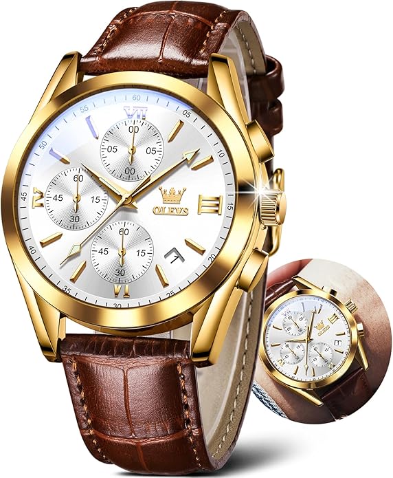 OLEVS Men's Watches Brown Leather with Date,Casual Watches for Men,Large Face Watches Men,Chronograph Mens Watch,Sport Waterproof Business Dress Analog Quartz Men's Wrist Watches Reloj De Hombre