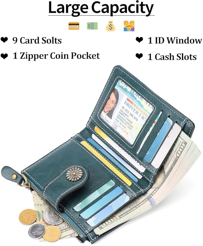Premium Slim Genuine Leather Bifold Wallet for Women with Advanced RFID Blocking Technology and Zippered Coin Compartment (Blue)