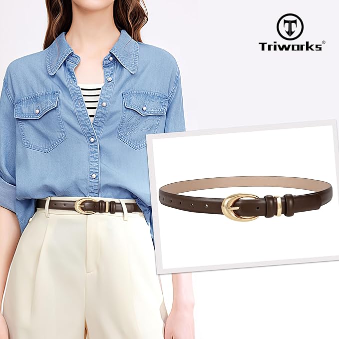 TRIWORKS Women Leather Belt for Jeans Pants Fashion Ladies Skinny Faux Leather Dress belt with Gold Buckle