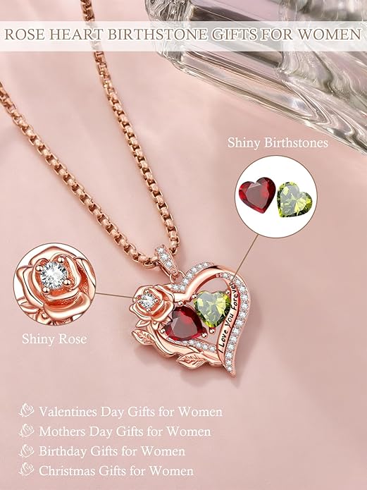 Rose Heart Necklaces for Women, Rose Gold Forever Love Jewelry with 2 Birthstones Pendant, Christmas Anniversarry Birthday Gifts for Her Wife Mom Grandma, 18+2 Inch Chain
