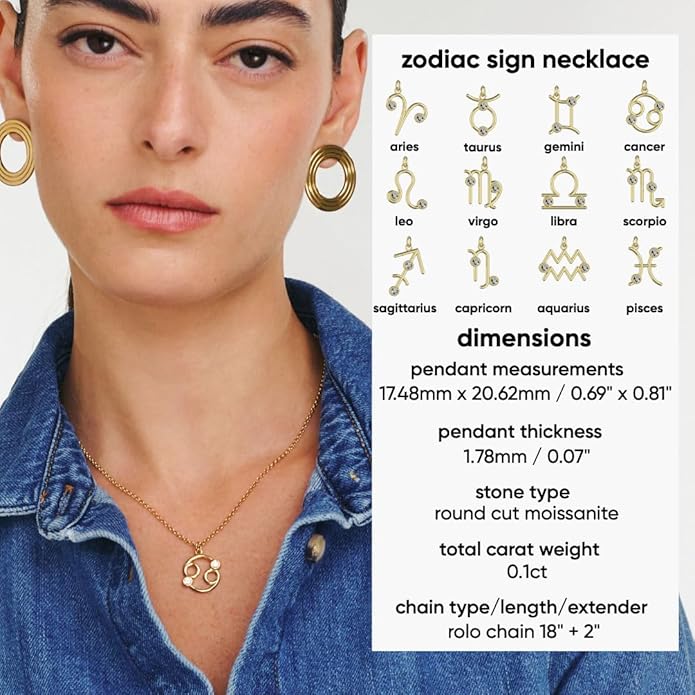 OAK & LUNA - Zodiac Sing Necklace – Moissanite Star Sign Pendant on 18" Rolo Chain – Available in 18K Gold Vermeil or Sterling Silver