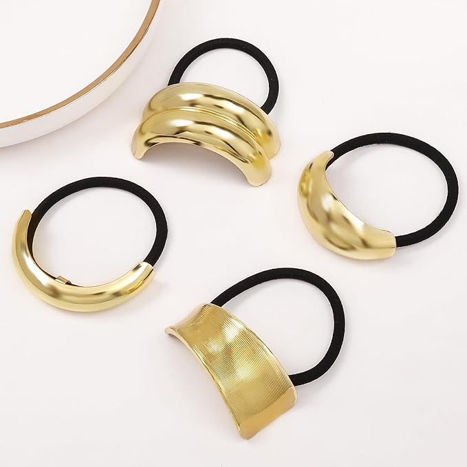 Gold Metal Hair Ties for Women - Cuffs, Accessories, Elastic Bands for Thick and Thin Hair Ponytails