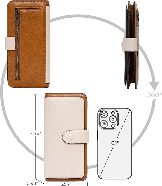 RFID Blocking Leather Wallet for Women, Slim Trifold with 14 Card Slots and Zipper Pocket (White&Brown)