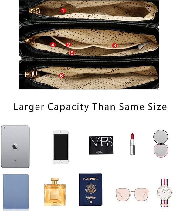 KKXIU 3 Zippered Compartments Purses and Handbags for Women Top Handle Satchel Shoulder Ladies Bags