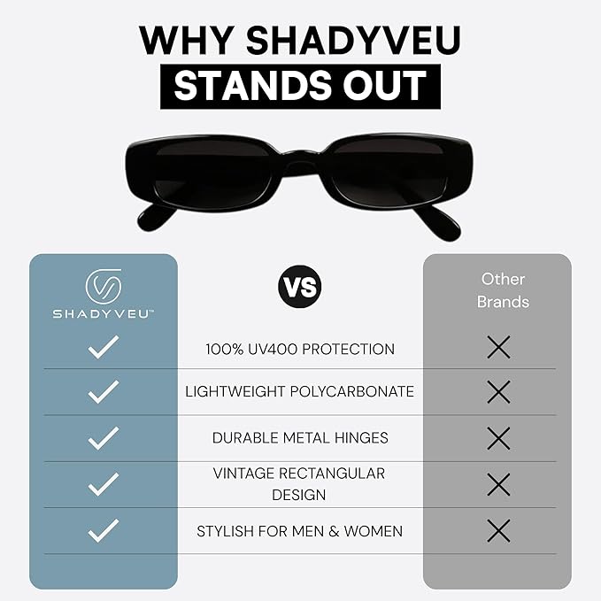 ShadyVEU Slim Classic Rectangular Sunglasses UV Protection 90’s Vintage Small Wide Retro Frame Fashion Shades