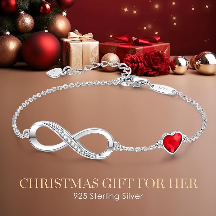 CDE Infinity Heart Birthstone Charm Link Bracelet for Women 925 Sterling Silver Adjustable Mother's Day Christmas Day Gift Anniversary Birthday Jewelry for Wife Girlfriend Her