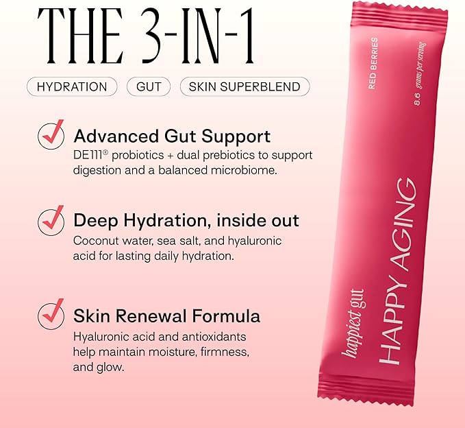 Happy Aging Happiest Gut Hydration Powder – Electrolytes + Probiotics + Dual Prebiotics + Hyaluronic Acid – Gut Balance, Skin Hydration & Daily Wellness – 12 Sticks (Red Berries)