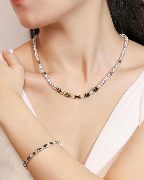 FANCIME Sterling Silver Tennis Necklace 4mm 18 inch Birthstone Necklace with 6 * 8mm Oval Gemstone Luxury Fine Birthday Jewelry Gifts for Women
