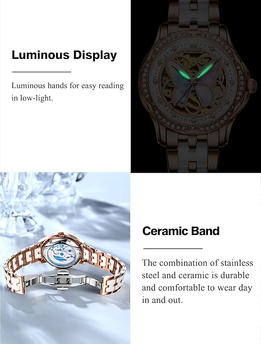 OLEVS Womens Automatic Watch, Premium Large Face Diamond Accented Self Winding Watches for Women, Fashion Waterproof Ladies Dress Watch, Two Tone Stainless Steel Ceramic Bracelet