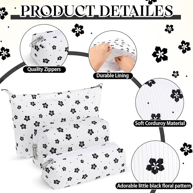3 Pcs Makeup Bag Set for Women Corduroy Cosmetic Pouch Aesthetic Smile Travel Toiletry Bag Cute Purse Pouch Pencil Case Makeup Brushes Storage Organizer for Christmas (White,Floret)
