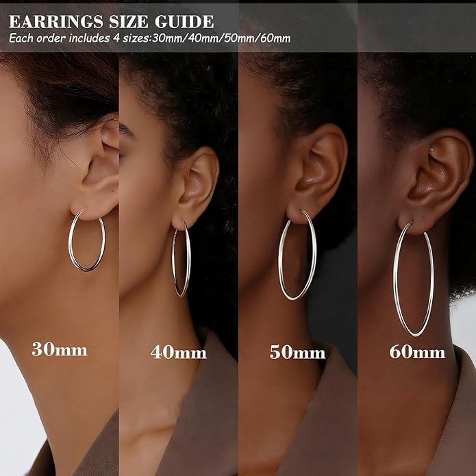 4/5/6 Pairs Stainless Steel 30/40/50/60/70 mm Silver 14K Gold Hoop Earrings for Women Hypoallergenic Big Thin Lightweight Dangle Set