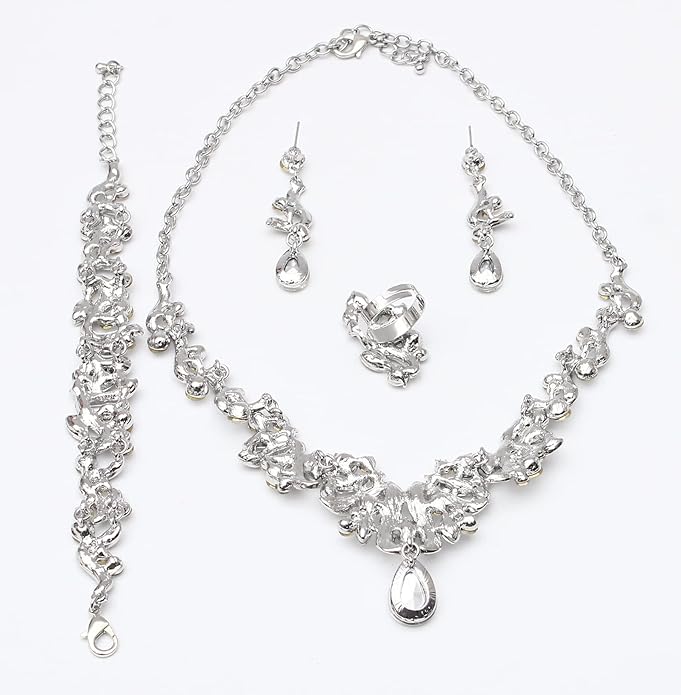 Jewelry Set for Women, Statement Necklace Dangle Earrings Bracelet Ring, White/KC Gold Plated Jewelry Set with Rhinestone Pearl Crystal Wedding Party Jewelry for Bridal Bridesmaid
