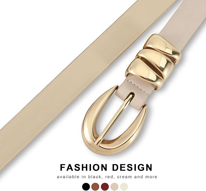 Skinny Leather Waist Belt - Gold Buckle Dress Belt for Women's Jeans & Dresses