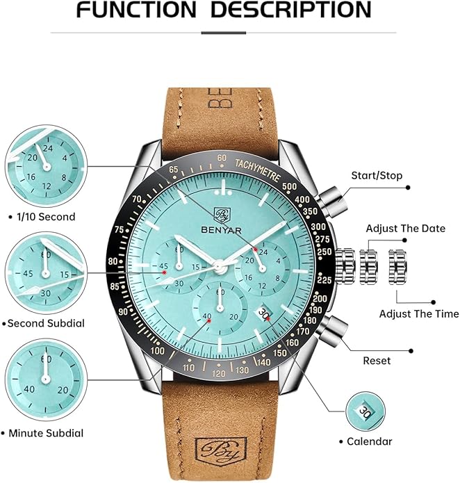 BY BENYAR Watch for Men Analog Quartz Chronograph Waterproof Luminous Designer Mens Wrist Watches Business Work Sport Casual Dress Watch with Silicone Strap Elegant Gifts for Men