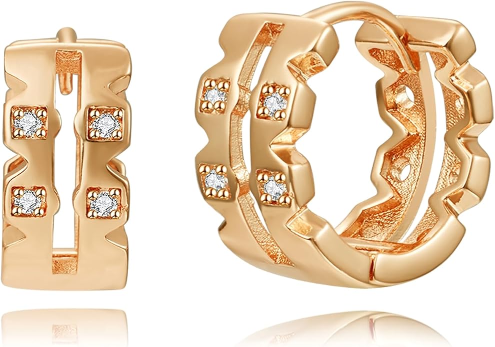 14K Gold Plated Cubic Zirconia Hoop Earrings,Three Row Diamon | Arrows | Double Row of Diamonds Huggie Earrings for Women