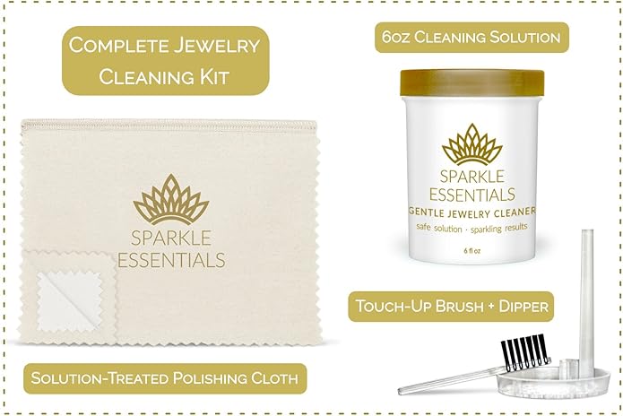 Gentle Jewelry Cleaner Solution Kit: Gold, Sterling Silver, Diamond, Turquoise, Pearl, Earrings, Engagement or Wedding Ring, Fine & Fashion Jewlery, Cleaning Solution, Polishing Cloth, Dipper & Brush