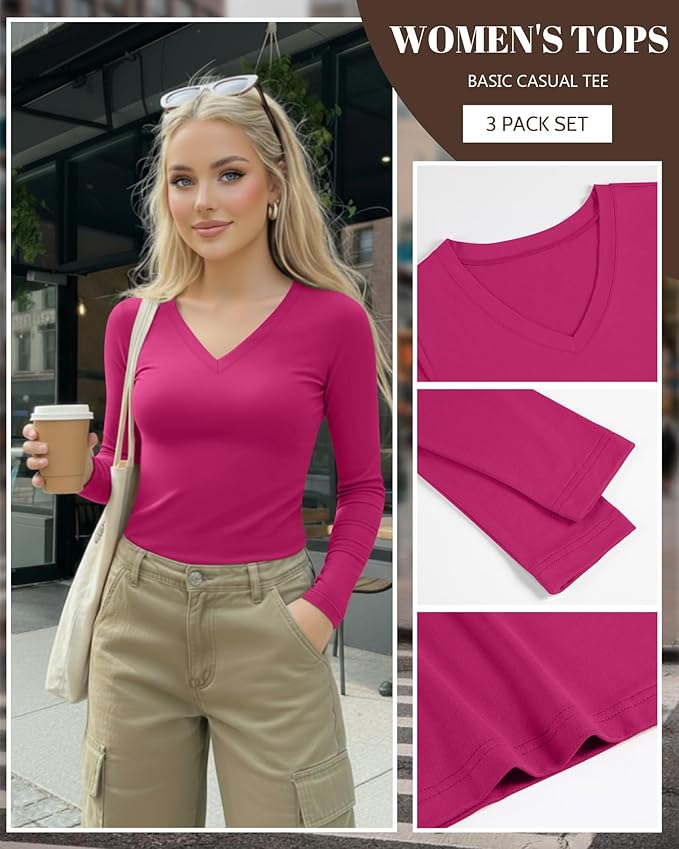 Ficerd 3 Pack Women's Long Sleeve Shirts, V Neck Basic Tees Slim Fitted Casual Fall Tops Going Out Blouses T Shirts
