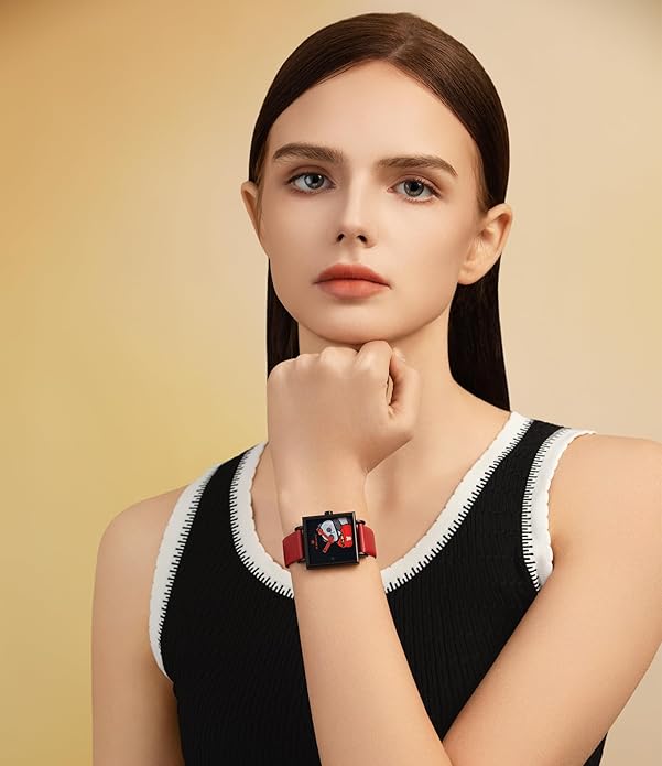 GOLDEN MAPLE Fancy Ladies Watch, Quartz Movement Watches for Women, Square Case with Leather Strap