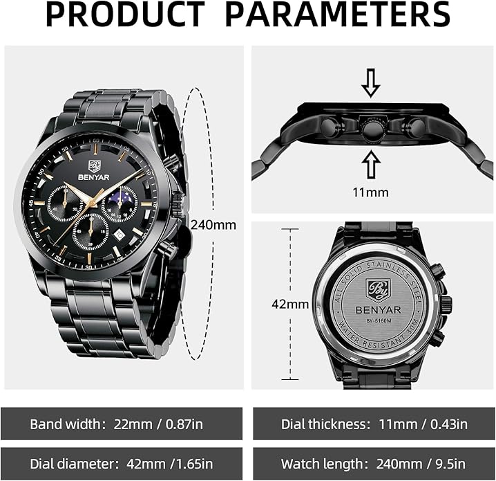 BY BENYAR Mens Watches Analog Quartz Chronograph Waterproof Wrist Watches for Men Fashion Business Work Casual Sport Designer Dress Watch with Calendar Elegant Gifts for Men